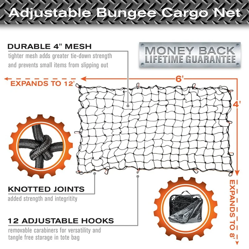 Super Duty Bungee Cargo Net For Truck Bed Stretches To 12 Tangle-Free D Clip Carabiners | Small Mesh Holds And Large Loa Автомобили и