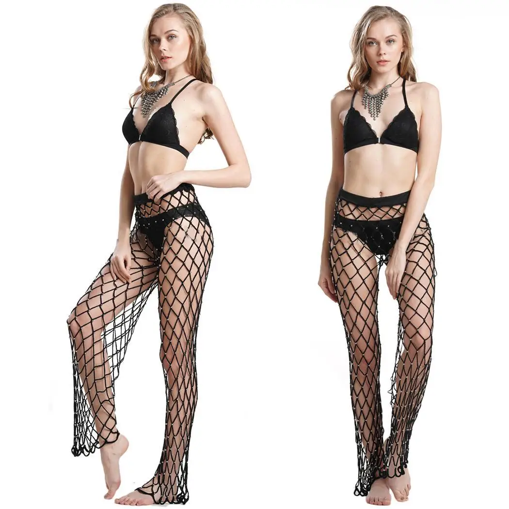 New Fashion Women Knitted Hollow Out Elastic None Waist Beach Natural Full Length Pants Solid |