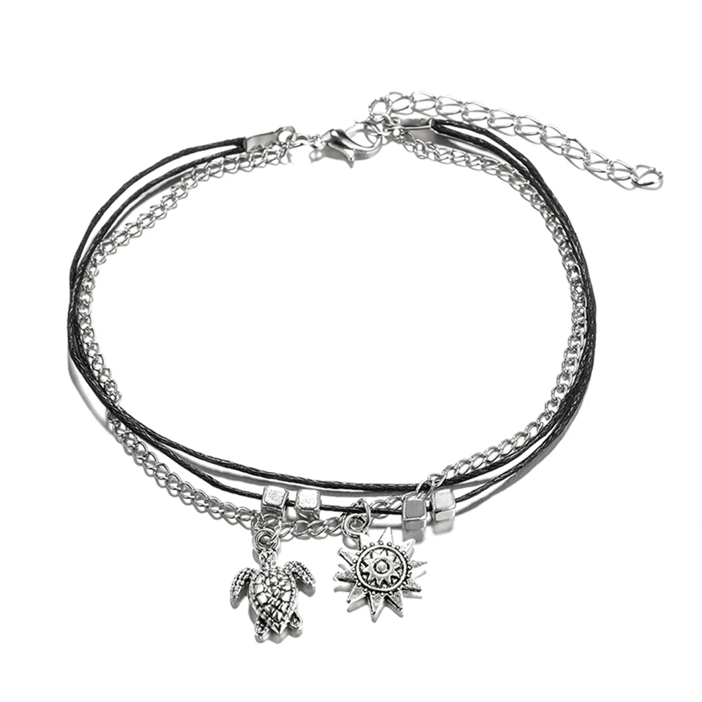 New Three Layers Geometric Sun Turtle Pendant Alloy Rope Anklet Bracelet Female Girls Accessory b | Украшения и аксессуары