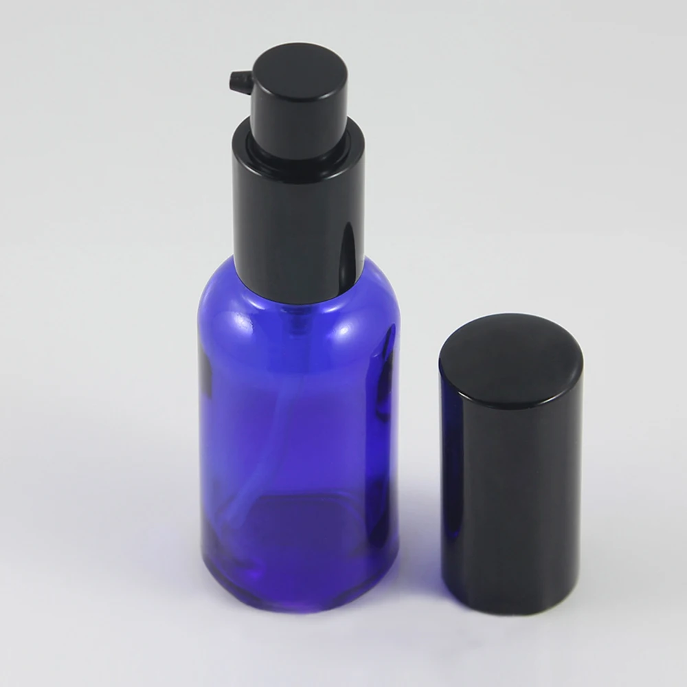 

Blue Glass lotion bottle with black aluminum lotion pump,cosmetic packing 1 ounce cosmetic bottle for liquid