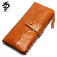 tauren 100 genuine leather women phone wallet long purse lady oil wax cowhide multiple cards holder clutch fashion