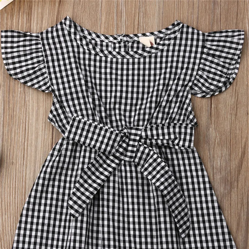 

2019 Newborn Kids Baby Girls Clothes Plaid Jumpsuit Romper Pants Outfit Sets Fly Sleeve Bow Belts Rompers One-piece Cotton 0-24M