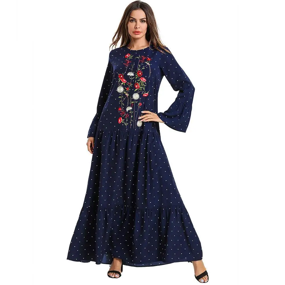 Модные женские туфли с вышивкой Абаи мусульманское платье в горошек длинное