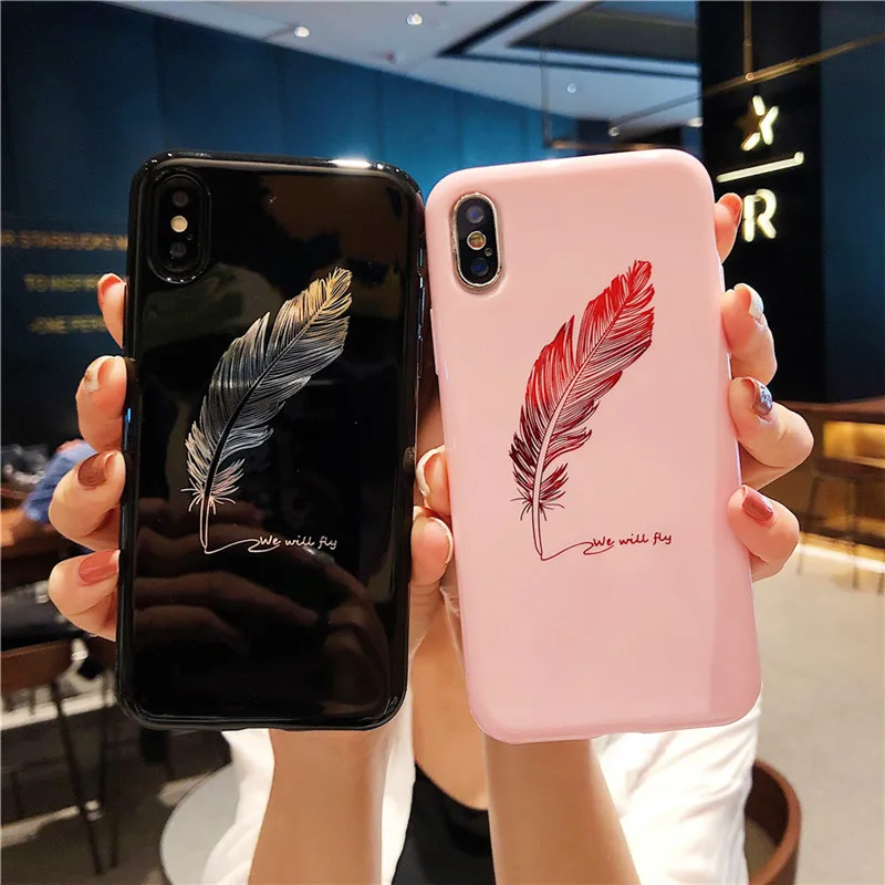 Lovebay Soft TPU Phone Case For iPhone 6 6S 7 8 Plus X XR XS Max Shell Colorful Feathers Cover Capa Black Pink Covers 3D Fashion |