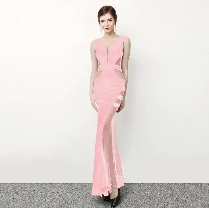 

SVKSBEVS 2019 Hollow Out Deep V Neck Crystal Mermaid Long Dresses Party Sexy Tulle See Through Backless Maxi Dress