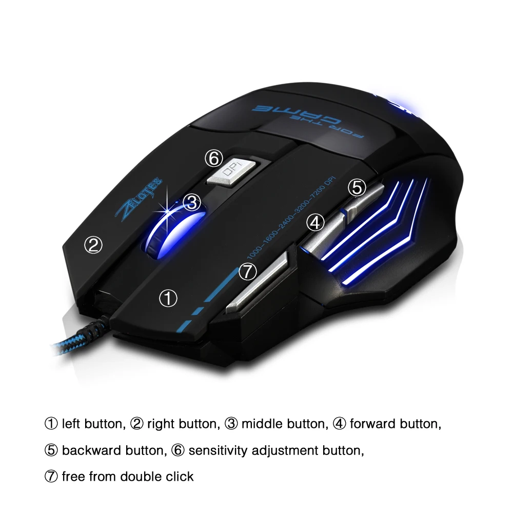 Игровая мышь ZELOTES T 80 7200 DPI подсветка многоцветная светодиодсветодиодный