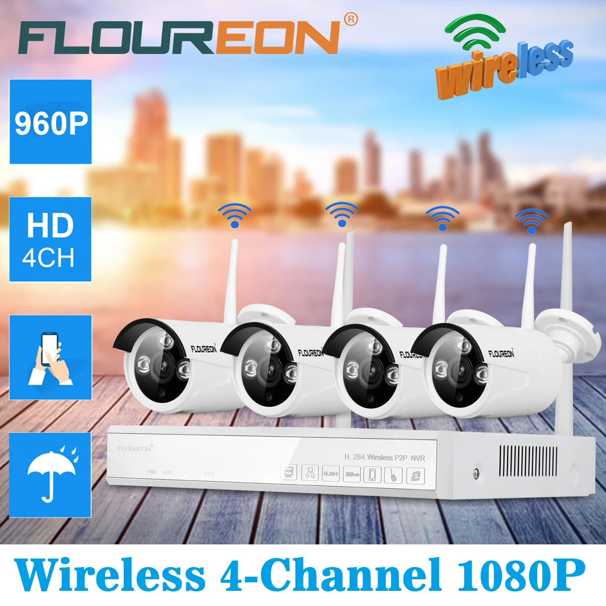 FLOUREON 4CH Беспроводная CCTV 1080P DVR комплект открытый Wifi WLAN 1.3MP 960P IP камера безопасности