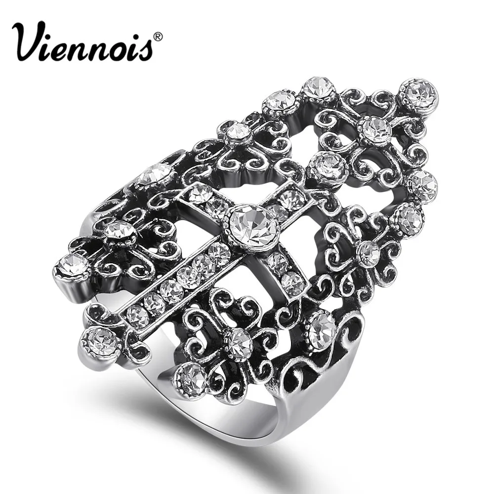 

Viennois Vintage Cross Rings for Women Retro Gothic Ring Rhinestone Female Wide Party Rings Fashion Jewelry