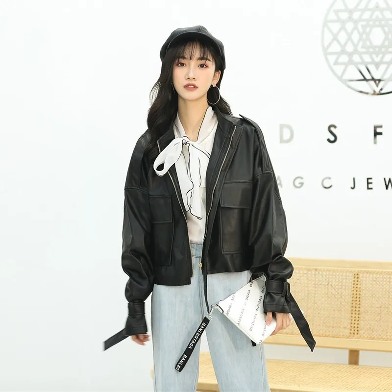 TWOTWINSTYLE/женские Куртки из искусственной кожи с воротником стойкой и рукавом