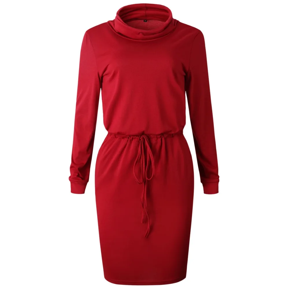 

2018 Female Bandage Dress Turtle Neck Lace Up Autumn Dress Women With Pockets Streetwear Winter Dresses Vestidos
