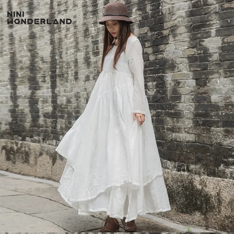 NINI WONDERLAND осеннее хлопковое платье для женщин однотонное длинное макси женское