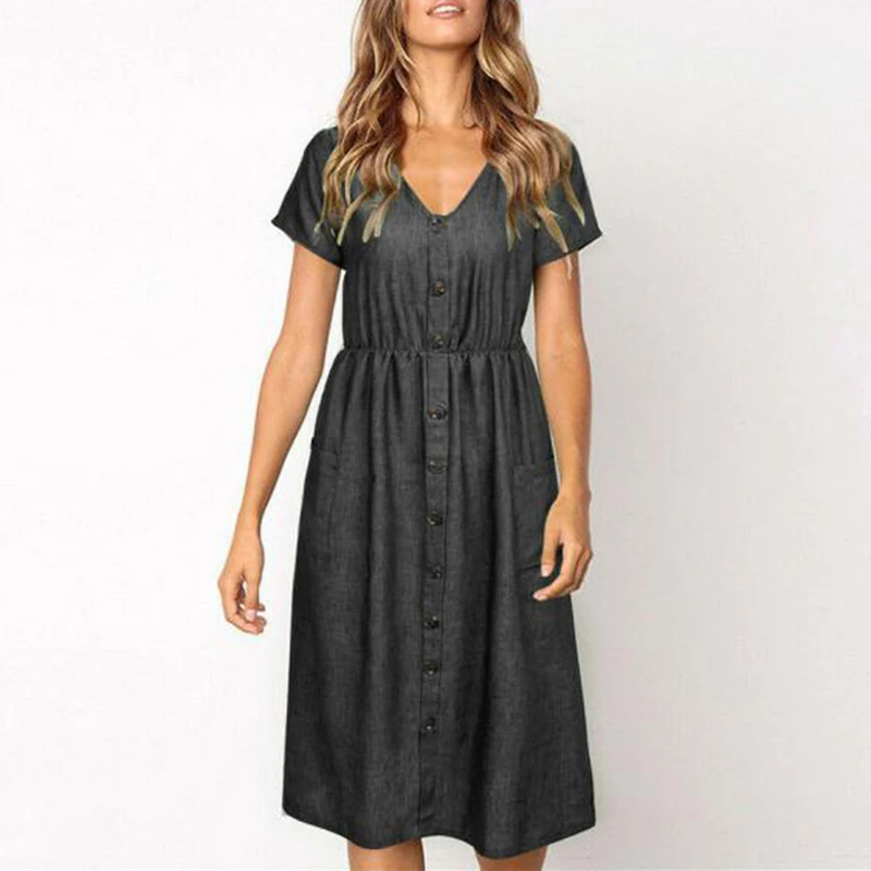Женское джинсовое платье на пуговицах летнее Повседневное с коротким рукавом и v