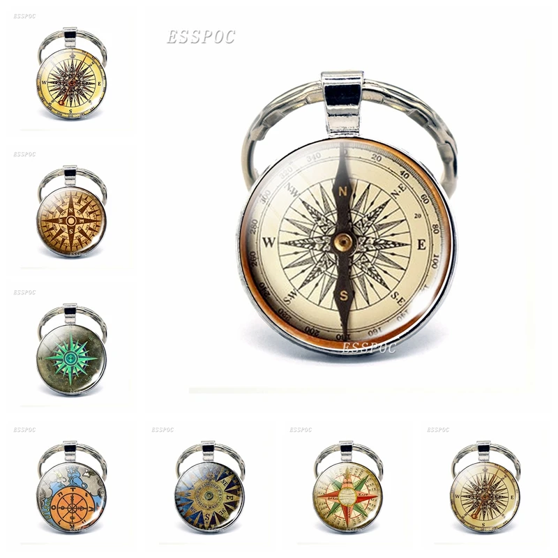 

Hot Round Glass Cabochon Keychain Jewelry Steampunk Vintage Compass Pendant Key Chain Ring Retro Gifts for Women Men