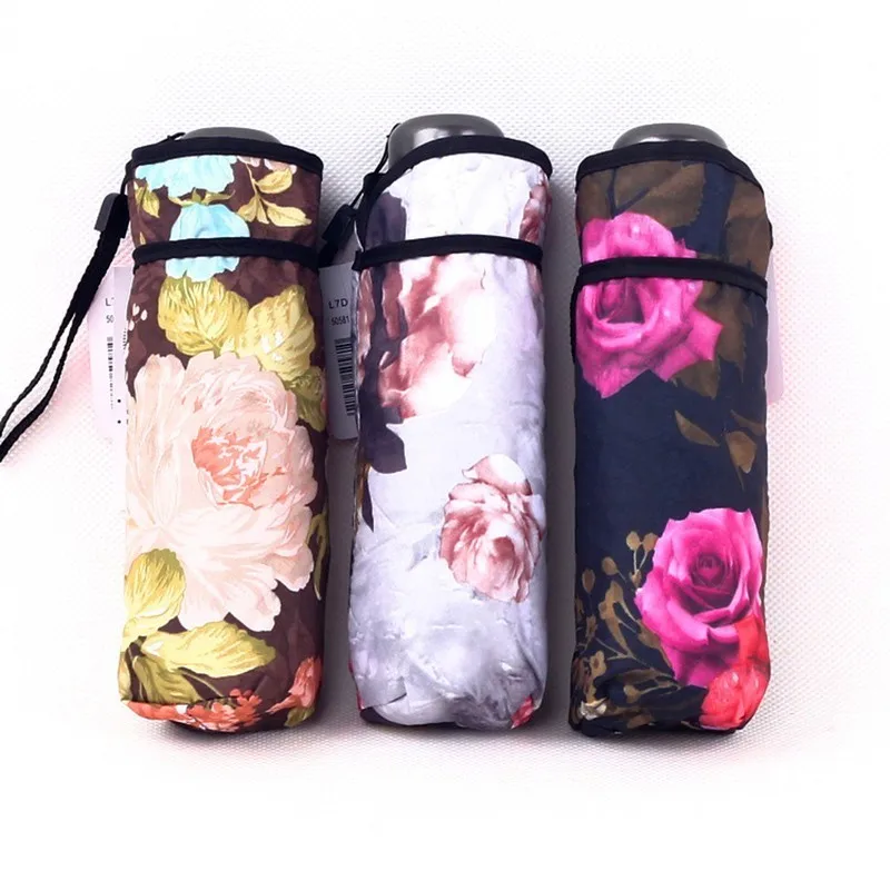 Новый мини цветок Push Pull складной зонтик дождь Женский черный резиновый Зонт