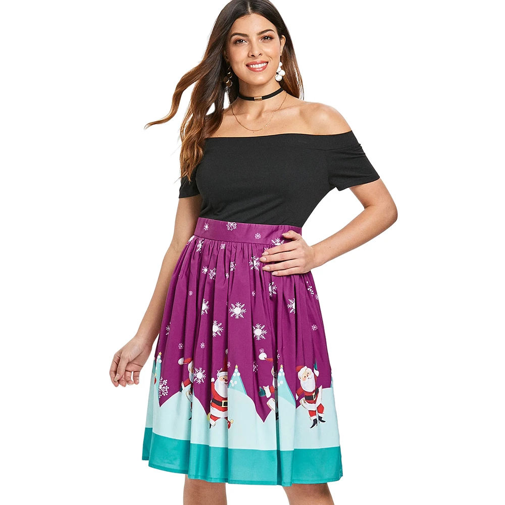 LANGSTAR Демисезонный платье Для женщин рождественские Off The Shoulder Swing Dress Винтаж