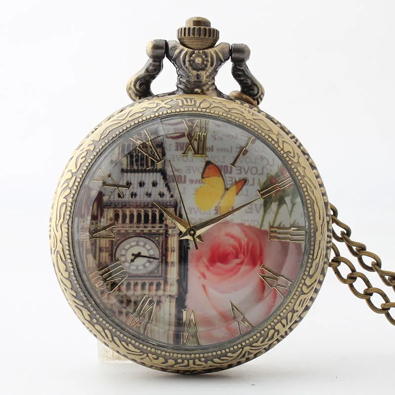 

Pocket Watch Glass Big Ben Flower Quartz Pocket Watch Necklace Pendant Watch Chain Xmas Watch Gift Men/Women