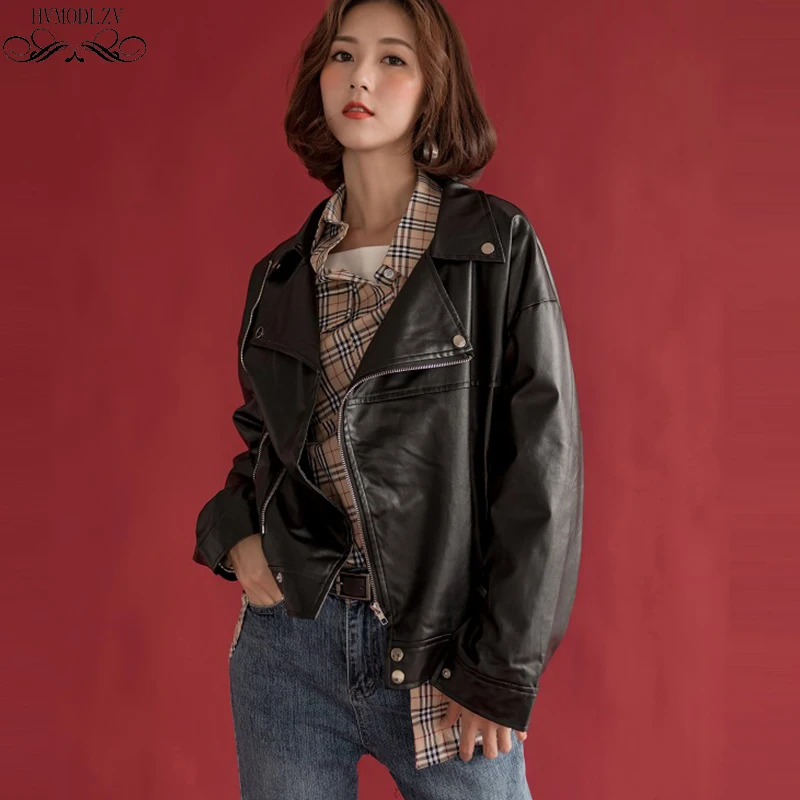 2019 New Black PU Locomotive Clothing Loose Women Basic Coat Fashion Streetwear Vintage Female Jacket Leather Outerwear HJ193