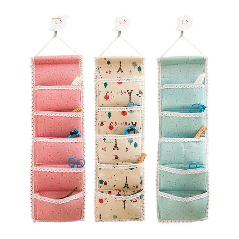 

Linen Cotton 5 Pocket Wall Hanging Bag Storage Organizer For Sundries Bra Socks Back Door Organizer Hanging Bag