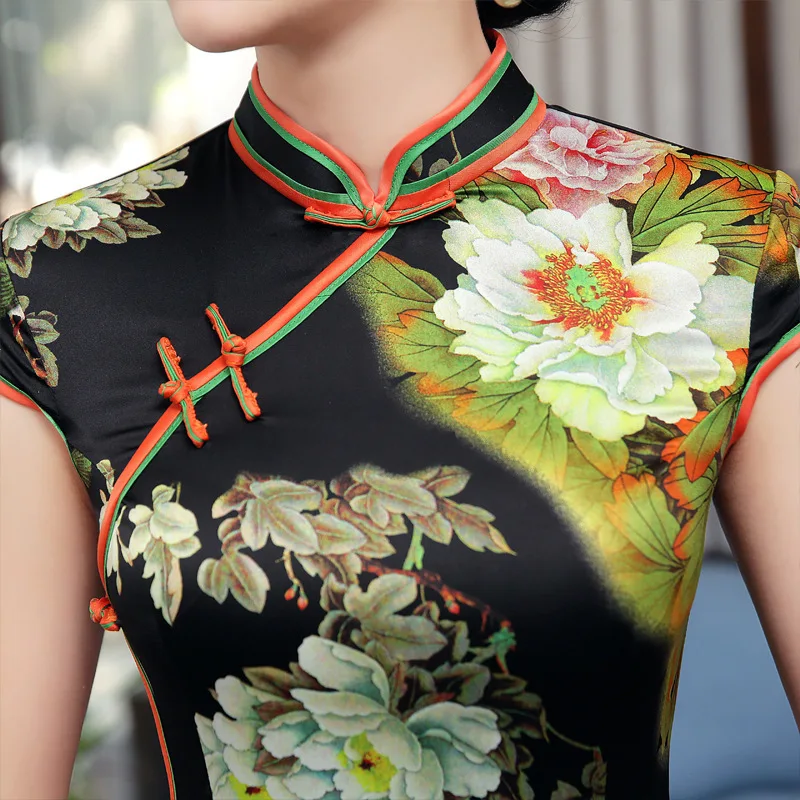 SHENG COCO Satins Cheongsam платья Длинные с цветочным принтом Qipao летняя Новинка китайский
