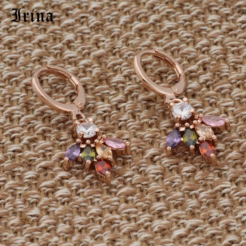 Женские серьги капли Irina 585 с цветком и кубическим цирконием модные розового