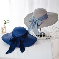 ladies summer hat bow silk ribbon new brand straw hats for women beach sun hats solid color sunhatfoldable