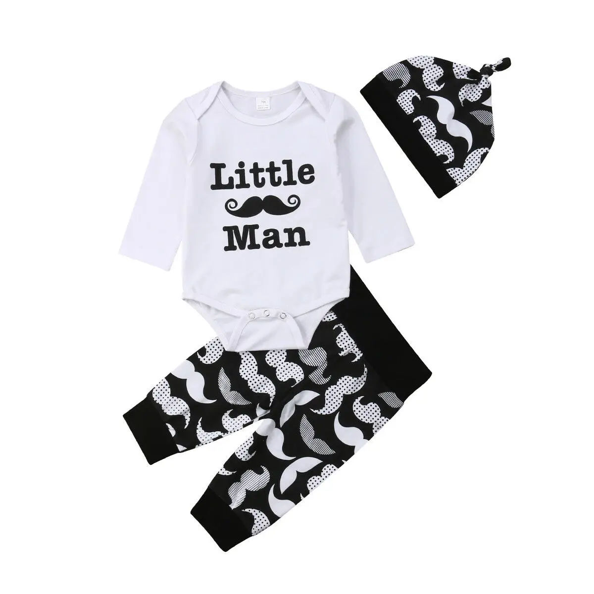 3Pcs Newborn Baby Boy Clothes Long Sleeve Little Man Romper Jumpsuit +Mustache Printed Pants Leggings +Hat Outfits Set |