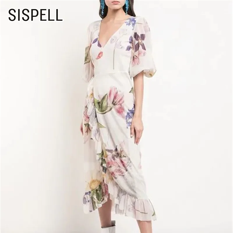 SISPELL Асимметричный женское платье с v образным вырезом рукавами фонариками юбка