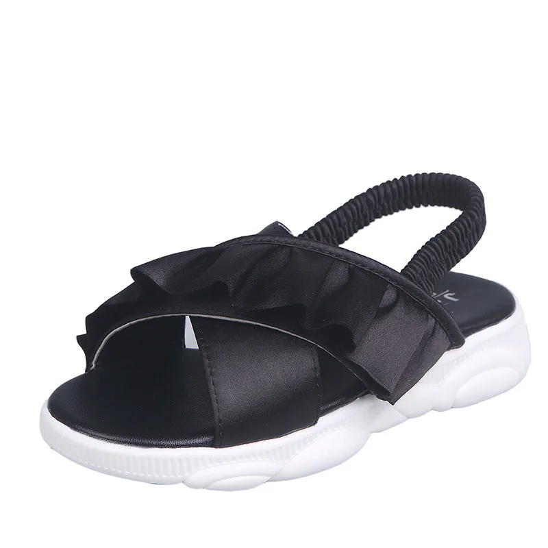 Сандалии для девочек однотонные пляжная обувь с мягкой подошвой и кружевом