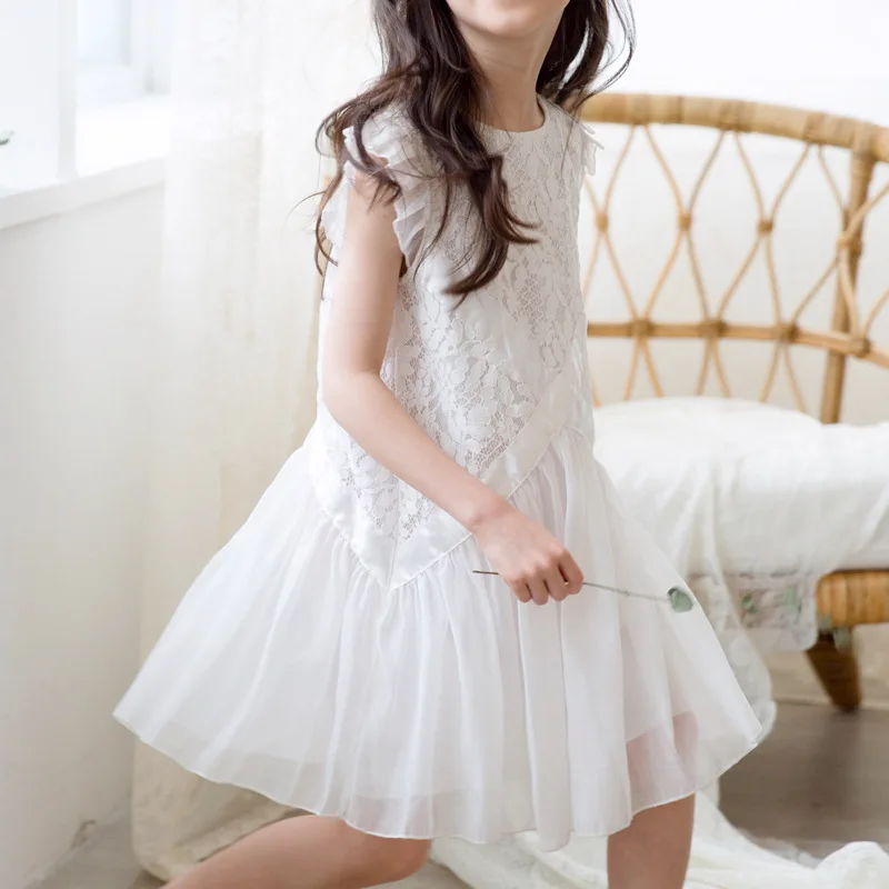 2021 New Summer Sleeveless White Lace Dress Ruffle Princess Costume Age for 4 - 14 Yrs Teenage Girls School Style Party Frocks | Детская