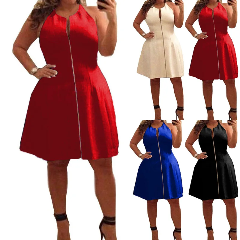 Женское летнее однотонное мини-платье без рукавов с круглым вырезом | Женская