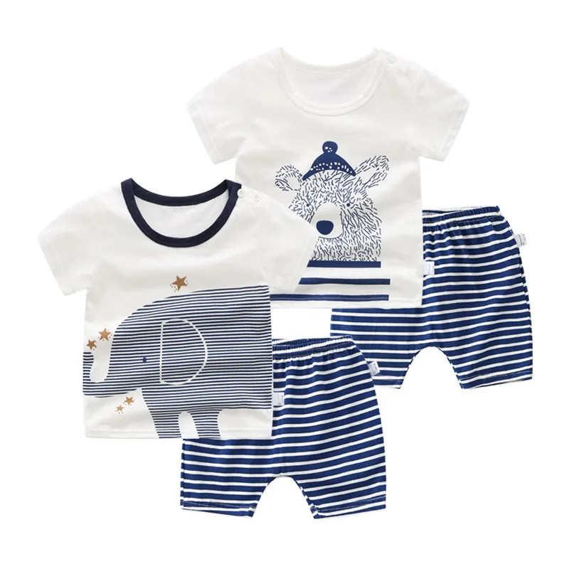 2PCS Korean Cotton Children's Set Cartoon Short-sleeved T-shirt+Striped Shorts Baby Boy Girl Summer Clothes Suit | Детская одежда и
