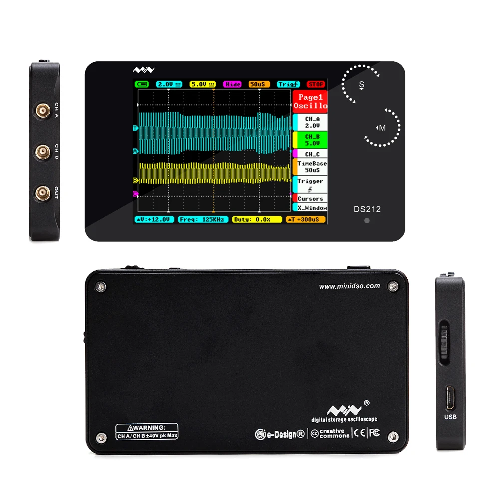 DS212 DSO Портативный 2 канальный цифровой осциллограф Карманный Размеры USB