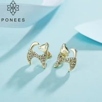 ponees elegant jewelry gold color cute cat stud earrings for women brand fashion ear full of crystals earrings gift