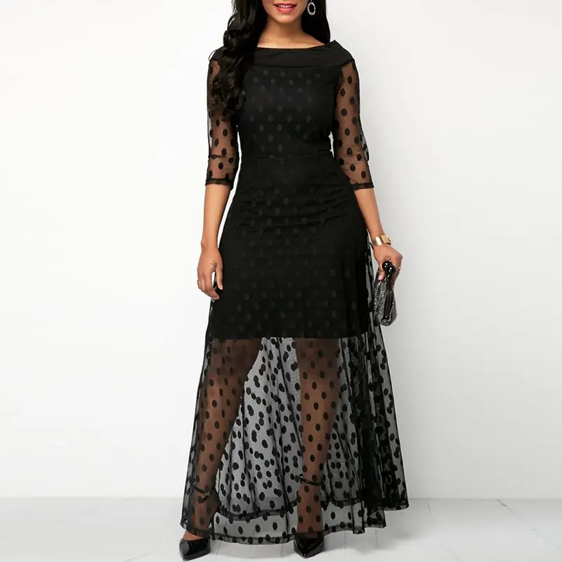 Women Evening Party Date Retro Gothic Black Polka Dot Maxi Dress Office Lady Work See Through Mesh Extra Long Bodycon Dresses | Женская