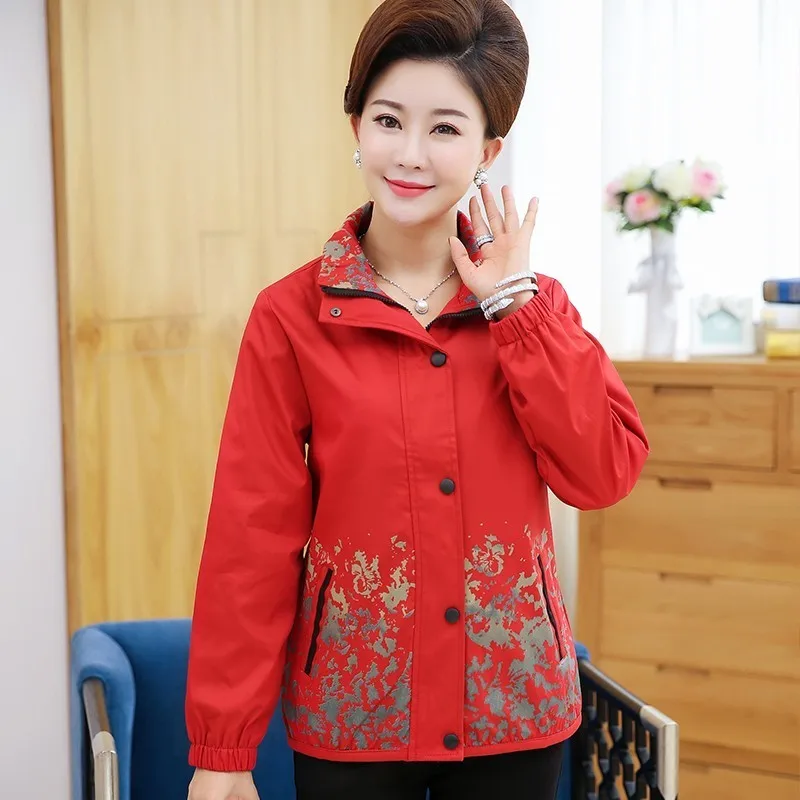 

Middle Aged Women Casual Printed Long Sleeve Zipper Jackets Spring Autumn Coat Female Outwear Tops Jaqueta Feminina Plus Size