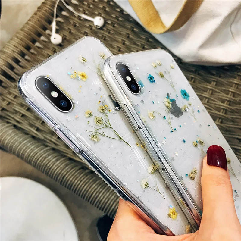 Lovebay Phone Case For iPhone 6 6s 7 8 Plus X XR XS Max Real Flowers Dried Transparent Soft TPU |