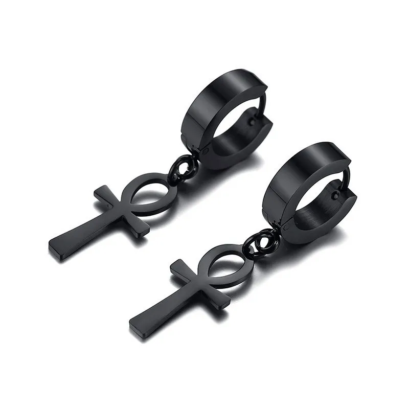 Men's Black Stainless Steel Egyptian Ankh Michael Drop Cross Dangle Earrings - Punk Jewelry for Males image 4