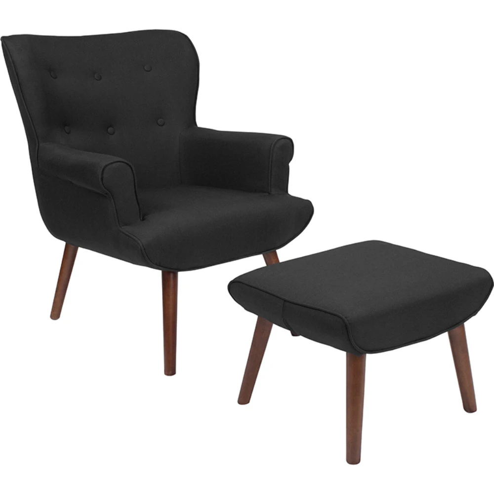 Обитый Bayton стул Wingback с оттоманкой в черной ткани|Стулья для гостиной| |