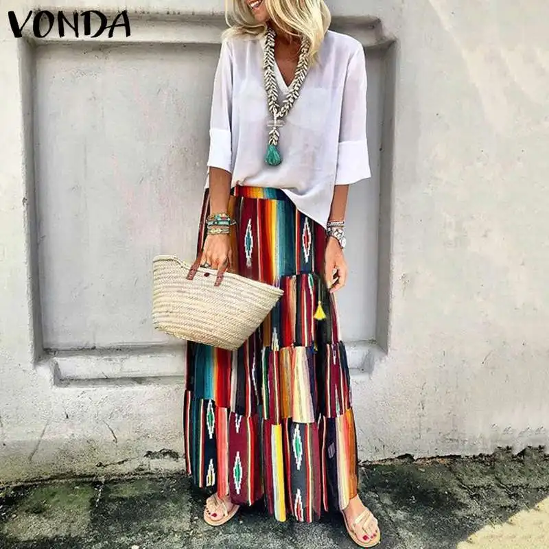 VONDA Женская юбка лето винтажные длинные юбки с принтом Ретро повседневные свободные женские многослойные юбки размера плюс S-5XL
