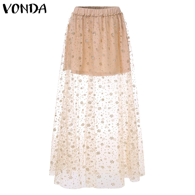VONDA, Женская сетчатая юбка, летняя, винтажная, сексуальная, шикарная, длинная, повседневная, свободная, женская, прозрачная, многослойная юбка размера плюс S-5XL