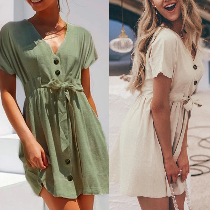 Женское повседневное модное однотонное мини-платье с v-образным вырезом и