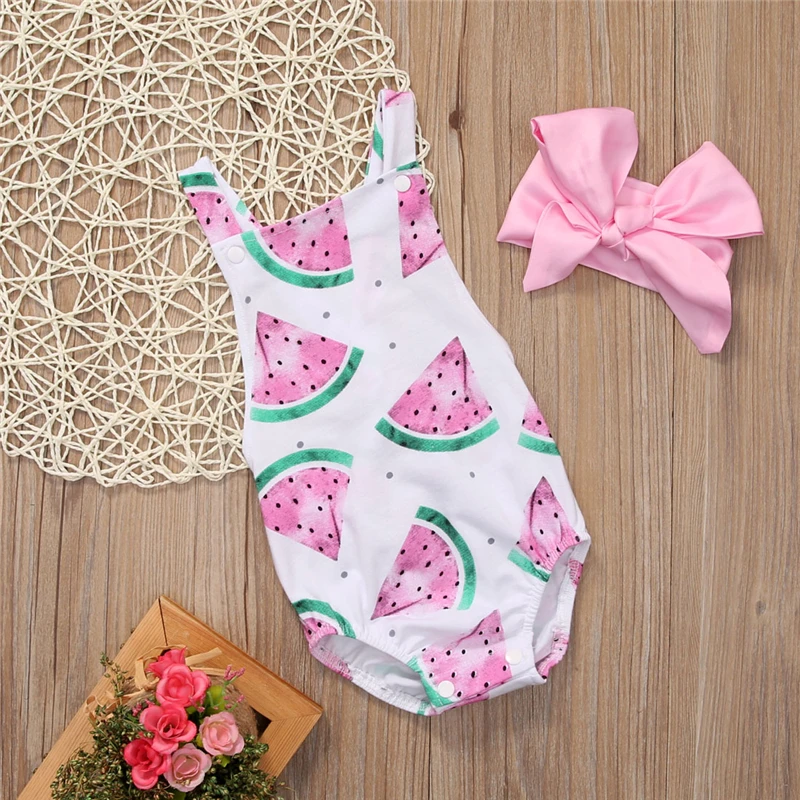 

Newborn Baby Girl Romper Baby Girls Clothes 2017 New Sleeveless Watermelon Backless Jumpsuit +Headband 2PCS Outfits Sunsuit 0-2Y
