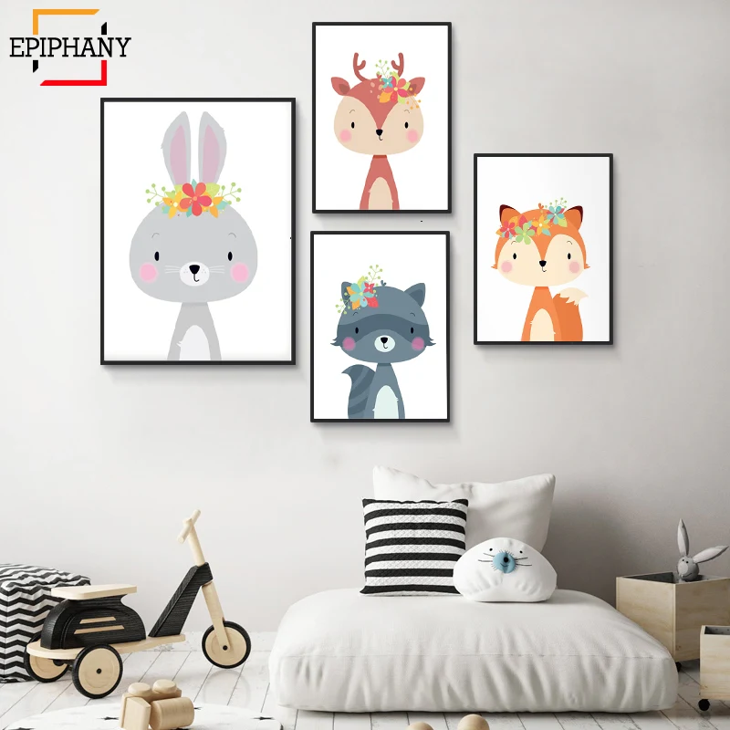 Girl Nursery Decor Woodland Animal Flower Canvas Painting Pictures Wall Art Posters and Prints Kids Playroom Bedroom Decoration|Рисование и