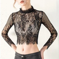 female sexy perspective embroidered lace shirt spring summer women office elegant long sleeved lady short bottoming shirt pj356