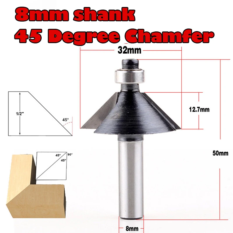 8mm Shank 45 Degree Chamfer Bevel Edging Router Bit Wood Cutting Tool Woodworking Bits|Фреза| |