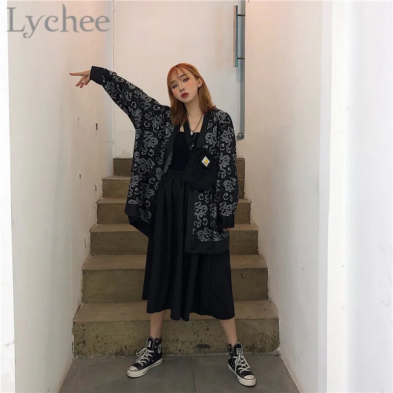 Harajuku с принтом в виде дракона Кардиган женские блузки кимоно длинным рукавом 2019