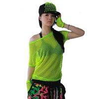 4201 2021 summer neon t shirts hip hop women mesh top outwear stage dancewear women neon clothes sexy fashion punk harajuku