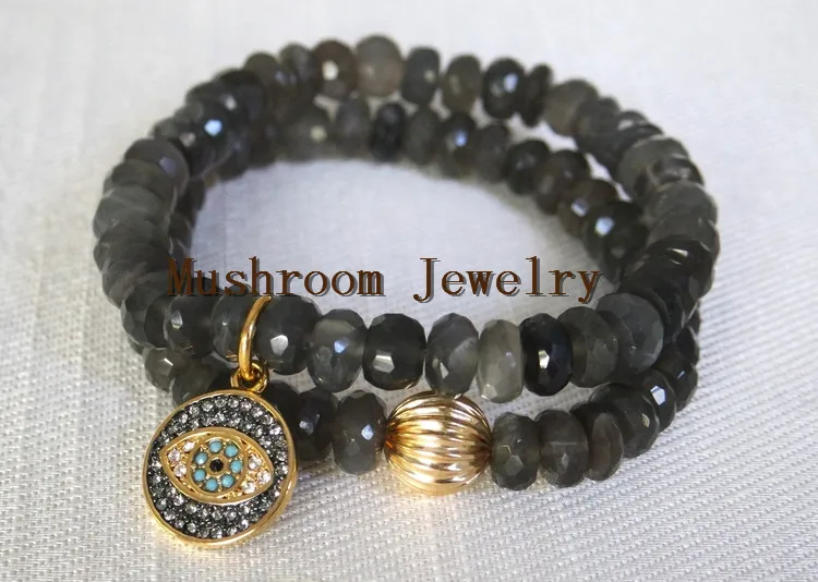 Gold Ball Beads Bracelet Natural labradorite Pave Charm Bracelet Evil Eye Bracelet