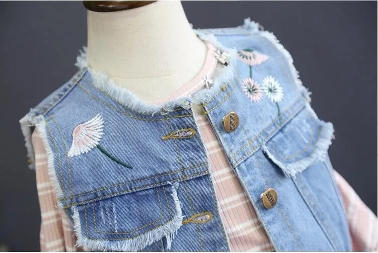 spring girl long sleeve dress pink tulle for kids dresses girl's clothing Denim Vest embroidery flower princess | Детская одежда и