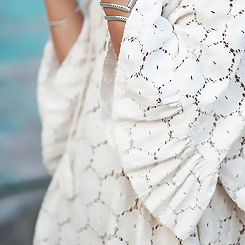 2019 New Spring Summer V-neck Three-quarter Sleeve White Lace Split Joint Loose Big Size Dress Women Fashion Tide R913 | Женская одежда